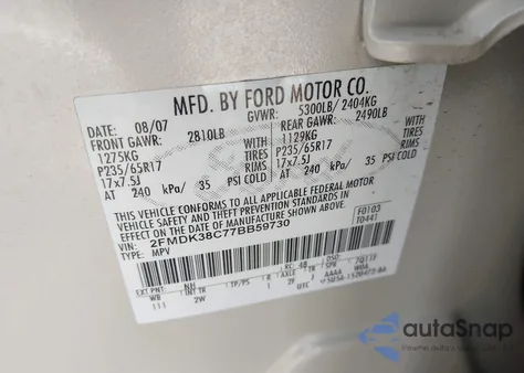 2007 Ford Edge Sel z USA, uszkodzony, nr VIN 2FMDK38C77BB59730
